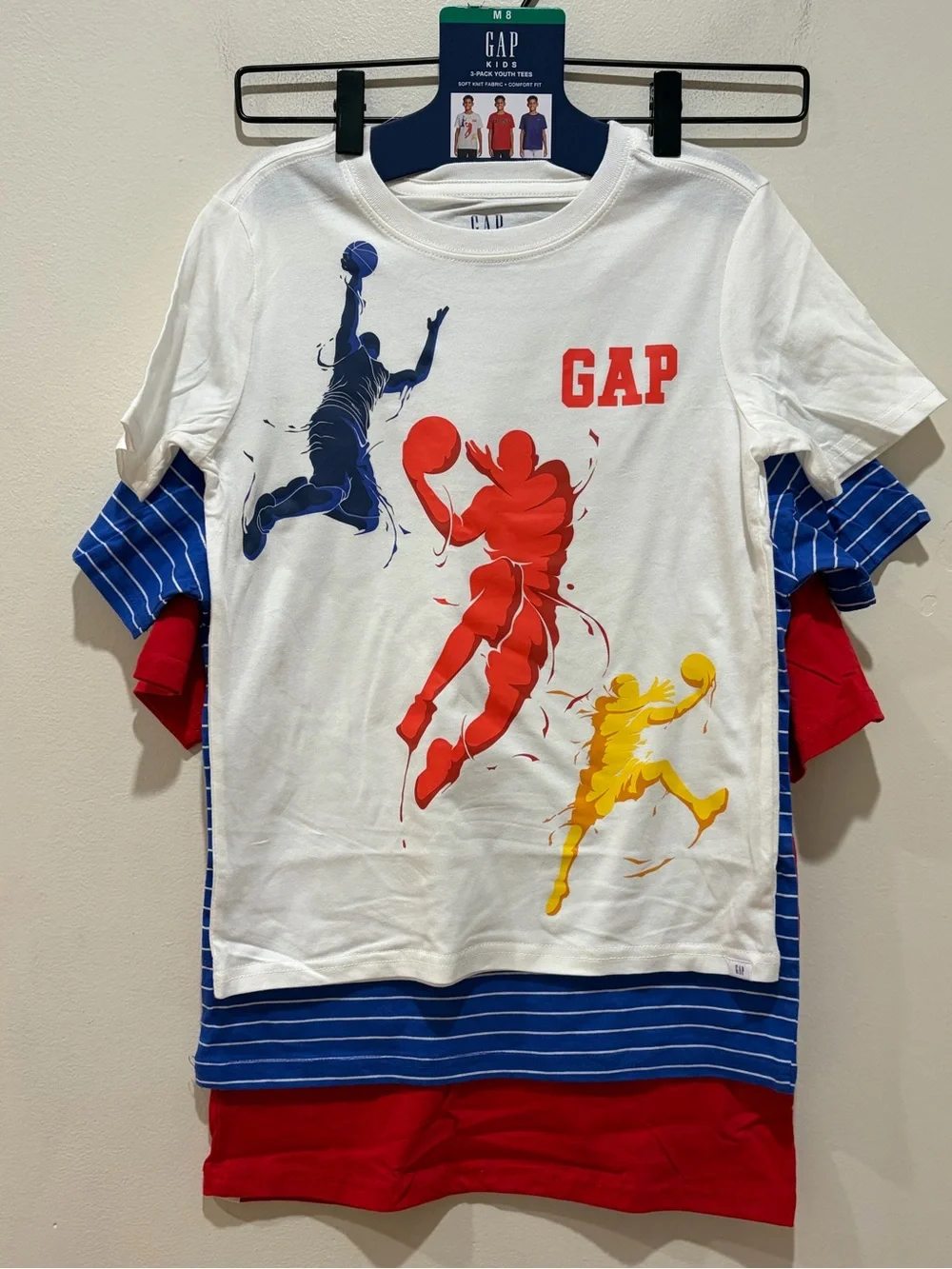 NWT Gap 3 Pack Set of T-Shirts White Basketball, Blue Stripe & Red 1969 - Size 8